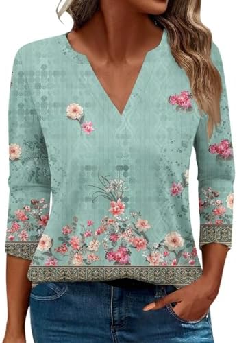 Blouses & Button-Down Shirts | Womens  3/4 Length Sleeve Tops For 224 Trendy Floral Graphic V Neck Tshirts Summer Casual Going Out Loose Blouses Blouses & Button-Down Shirts Blouses & Button-Down Shirts