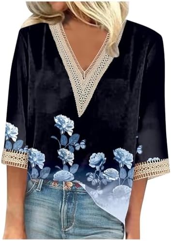 Blouses & Button-Down Shirts | Womens  3/4 Sleeve Shirts Floral Graphic Trendy Summer Lace V Neck Tops 224 Dressy Trendy Vacation Blouses Loose Tunic Blouses & Button-Down Shirts Blouses & Button-Down Shirts