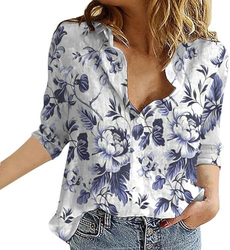 Blouses & Button-Down Shirts | Womens  Button Down Linen Shirts Wrinkle Free Dress Shirts Long Sleeve Collared Work Blouses Floral Print Chiffon Top Blouses & Button-Down Shirts Blouses & Button-Down Shirts