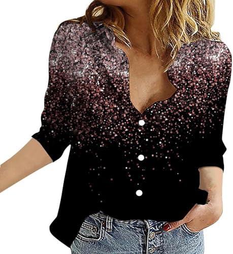 Blouses & Button-Down Shirts | Womens  Button Down Shirt Cotton Linen Long Sleeve V Neck Sequin Print Dress Shirts Casual Loose Roll Up Work Blouse Blouses & Button-Down Shirts Blouses & Button-Down Shirts