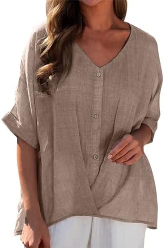 Blouses & Button-Down Shirts | Womens  Cotton Linen Button Shirt 3/4 Sleeve Dress Shirts Summer Loose V Neck Casual Boho Top Vintage Textured Blouse Tops Blouses & Button-Down Shirts Blouses & Button-Down Shirts