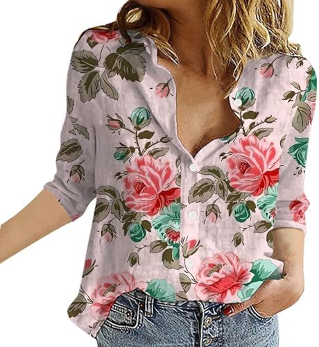 Blouses & Button-Down Shirts | Womens  Cotton Linen Shirts For Long Sleeve Button Down Shirts Comfy Fashion Print Blouse Lapel Dressy Casual Tops Blouses & Button-Down Shirts Blouses & Button-Down Shirts