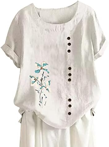 Blouses & Button-Down Shirts | Womens  Cotton Linen T-Shirt Summer 224 Floral Print Loose Blouse Casual Crew Neck Button Down Vacation Tunic Tops Trendy Blouses & Button-Down Shirts Blouses & Button-Down Shirts