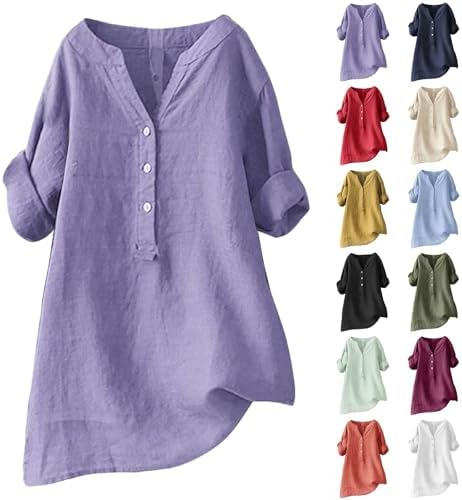 Blouses & Button-Down Shirts | Womens  Cotton Linen Tops For 3/4 Sleeved Top Trendy Solid Casual Loose Shirts Stand Up Collar Button Blouse Tee Blouses & Button-Down Shirts Blouses & Button-Down Shirts