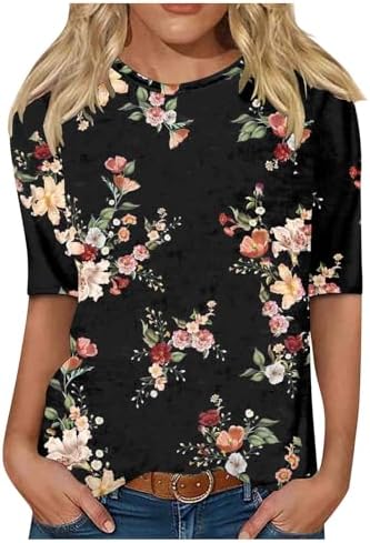 Blouses & Button-Down Shirts | Womens  Dressy Tops 3/4 Length Sleeve Summer Crew Neck Tshirts Flower Printing Loose Casual Long Sleeve Bike Blouses & Button-Down Shirts Blouses & Button-Down Shirts