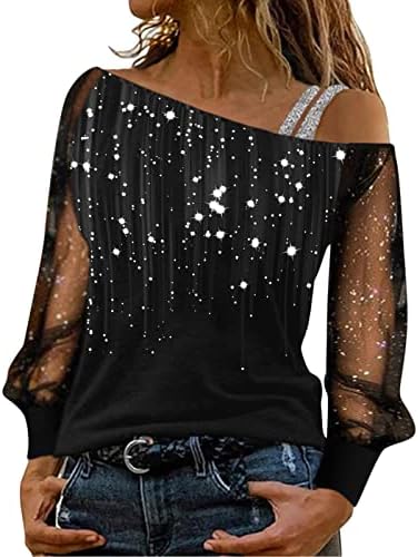 Blouses & Button-Down Shirts | Womens  Fitted Tee Shirts Casual Sequin Printed Mesh Long Sleeve Cold Shoulder Loose Splice Blouse Tops Blouses & Button-Down Shirts Blouses & Button-Down Shirts