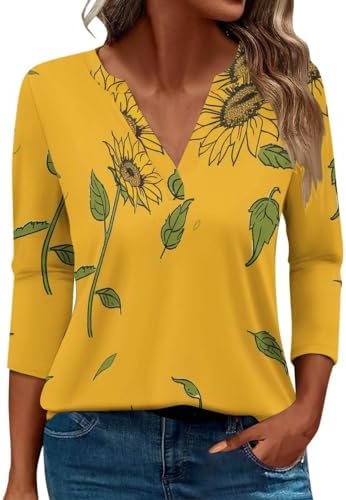 Blouses & Button-Down Shirts | Womens  Floral Graphic Tops Summer Casual 3/4 Sleeve V Neck T Shirt 224 Trendy Elegant Loose Fit Going Out Blouses Blouses & Button-Down Shirts Blouses & Button-Down Shirts