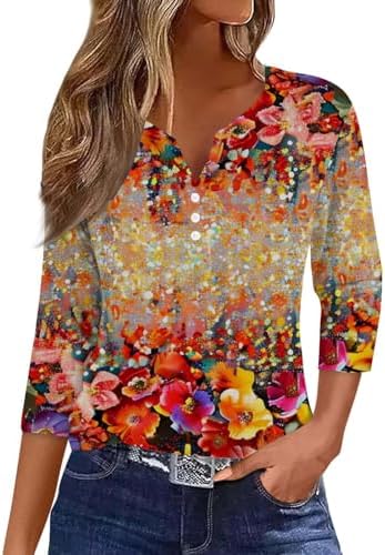 Blouses & Button-Down Shirts | Womens  Going Out Shirts For Button V Neck 3/4 Sleeve Tops Dressy Graphic Casual Loose Fit Blouses Trendy Tunic Blouses & Button-Down Shirts Blouses & Button-Down Shirts