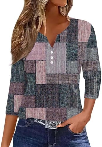 Blouses & Button-Down Shirts | Womens  Going Out Shirts For Casual Graphic 3/4 Sleeve Tops V Neck Button Loose Fit Blouses Trendy Dressy Tunic Blouses & Button-Down Shirts Blouses & Button-Down Shirts