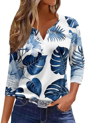 Blouses & Button-Down Shirts | Womens  Graphic T-Shirts V Neck Button 3/4 Length Sleeve 224 Trendy Vacation Tops Dressy Tees Tunic Blouses Blouses & Button-Down Shirts Blouses & Button-Down Shirts