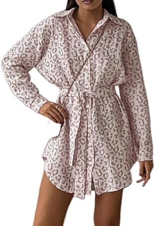 Blouses & Button-Down Shirts | Womens  Leopard Print Button Down Shirt Dress For – Casual Autumn Cotton Crepe Long Sleeve Blouse With Tie Waist (Pink,Large) Blouses & Button-Down Shirts Blouses & Button-Down Shirts