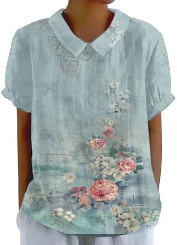 Blouses & Button-Down Shirts | Womens  Linen Lapel Art Floral Round Neck Button Loose Pullover Top Casual Shirt T Shirts Short Sleeve Tops Blouse Blouses & Button-Down Shirts Blouses & Button-Down Shirts