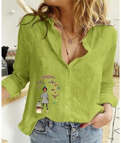 Blouses & Button-Down Shirts | Womens  Linen Shirts Casual Button Down T Shirts V Neck Long Sleeve Tops Printed Tees Loose Work Blouse Lapel Collar Blouses & Button-Down Shirts Blouses & Button-Down Shirts