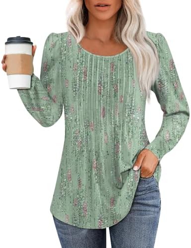 Blouses & Button-Down Shirts | Womens  Long Sleeve Shirt For Dressy Casual Trendy Shirts Floral Print Puff Sleeve Tops Crew Neck Pintuck Pleated Top Blouses & Button-Down Shirts Blouses & Button-Down Shirts