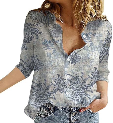 Blouses & Button-Down Shirts | Womens  Long Sleeve Shirts For Fashion Print Button Down Shirts Lightweight Cotton Linen Blouse Collared Casual Work Tops Blouses & Button-Down Shirts Blouses & Button-Down Shirts