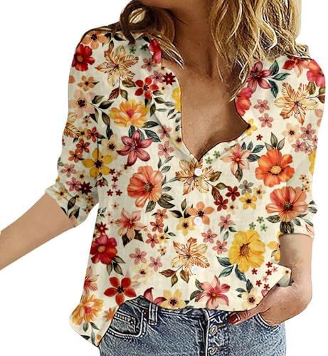 Blouses & Button-Down Shirts | Womens  Long Sleeve Tops For Casual Button Down Lapel Collared Shirts Funny Printed Autumn Blouse Ladies Outfit Tops Blouses & Button-Down Shirts Blouses & Button-Down Shirts