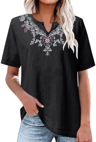 Blouses & Button-Down Shirts | Womens  Mexican Embroidered Shirts For Linen Short Sleeved Summer V Neck Tops Oversized Loose Bohemian Peasant Blouses Blouses & Button-Down Shirts Blouses & Button-Down Shirts