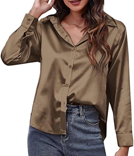 Blouses & Button-Down Shirts | Womens  Satin Button Down Shirts Lmitation Silk Loose Fit Office Casual Business Top Blouses Casual Work Tops Blouses & Button-Down Shirts Blouses & Button-Down Shirts