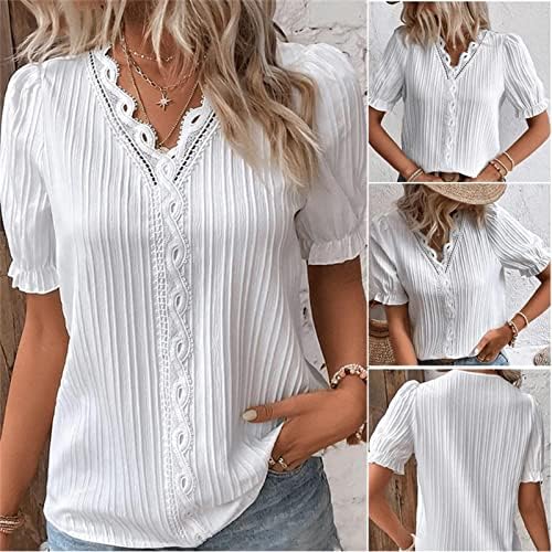 Blouses & Button-Down Shirts | Womens  Summer Lace V Neck Plain Lace Elegant Shirt Fashion Solid Color Elegant Blouse Short Sleeve Linen Blouses Blouses & Button-Down Shirts Blouses & Button-Down Shirts