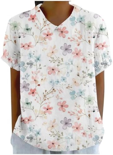 Blouses & Button-Down Shirts | Womens  Summer Linen Shirts For Short Sleeve Casual Blouses Collared Flower Print Tops Loose Fit Ladies Outfit Shirts Blouses & Button-Down Shirts Blouses & Button-Down Shirts