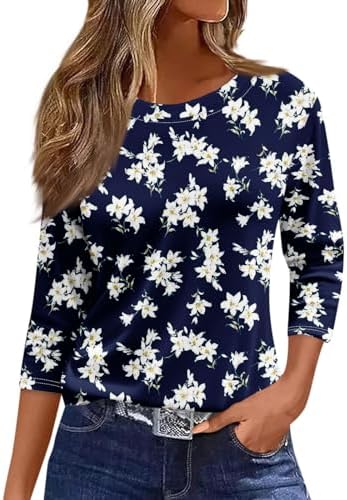 Blouses & Button-Down Shirts | Womens  Tops Casual Trendy Dressys Top Crew Neck Floral Graphic Print Fitted Shirts’s 3/4 Sleeve Shirt Blouses & Button-Down Shirts Blouses & Button-Down Shirts