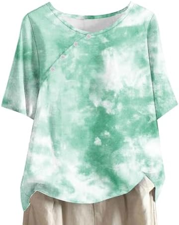 Blouses & Button-Down Shirts | Womens  Tops Summer Linen Shirts Casual Short Sleeve Crew Neck Loose Tshirts Trendy Printed Blouses Oversized Dressy Tops Blouses & Button-Down Shirts Blouses & Button-Down Shirts