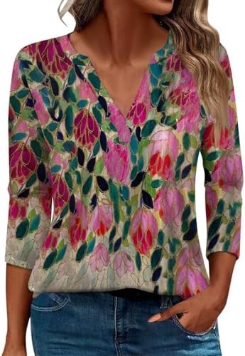 Blouses & Button-Down Shirts | Womens  V Neck 3/4 Sleeve Tee Tops Going Out 224 V Neck Floral Graphic Tee Shirts Summer Casual Loose Fit Blouses Blouses & Button-Down Shirts Blouses & Button-Down Shirts