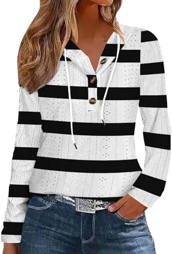 Blouses & Button-Down Shirts | Womens  V Neck Button Hoodless Long Sleeve Sweatshirt Drawstring Pullover Tops Shirt Blouse Clothing Blouses & Button-Down Shirts