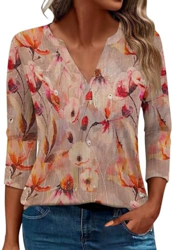 Blouses & Button-Down Shirts | Womens  Vintage Floral Graphic T Shirt 3/4 Sleeve V Neck 224 Summer Casual Tops Trendy Loose Fit Going Out Blouses Blouses & Button-Down Shirts Blouses & Button-Down Shirts