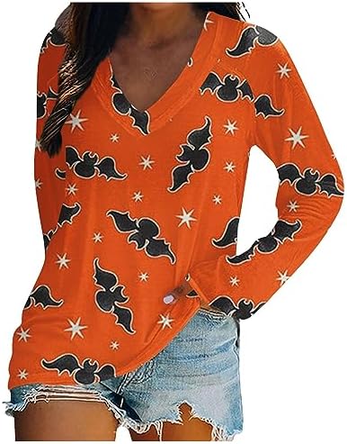 Blouses & Button-Down Shirts | Womens  Zxrwany Tops For 223,Funny Halloween Print V Neck Long Sleeve T-Shirt Plus Size Loose Fit Fall Trendy Blouse Blouses & Button-Down Shirts Blouses & Button-Down Shirts