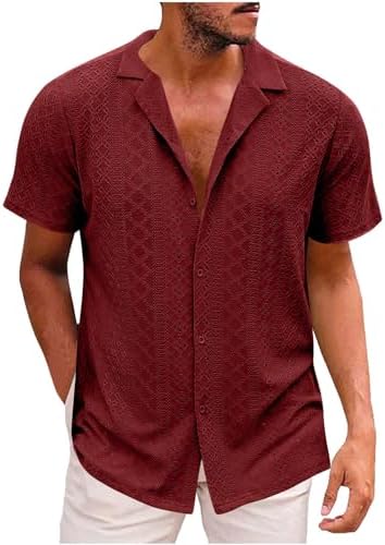 Button-Down Shirts | Mens  224 Summer Vacation Shirts Trendy Eyelet Embroidery Short Sleeve Tops Casual Beach Botton Down Solid Shirts Button-Down Shirts Button-Down Shirts