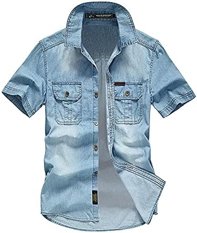 Button-Down Shirts | Mens  Big & Tall Denim Shirt Short Sleeve Button Down Summer Tops Tees Lightweight Chambray Jean Blouse Tunics Pocket Button-Down Shirts Button-Down Shirts