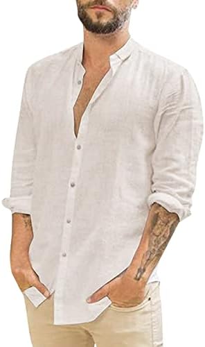 Button-Down Shirts | Mens  Casual Button Down Long Sleeve Shirt Solid Color Cotton And Collar Button Long Sleeve Shirt Band Collar Shirt & Button-Down Shirts Button-Down Shirts