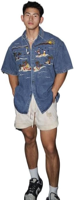 Button-Down Shirts | Mens  Casual Embroidered Denim Short Sleeved Shirt, Retro Street Fashion Shirt, Beach T-Shirt, Y2K Top Button-Down Shirts Button-Down Shirts