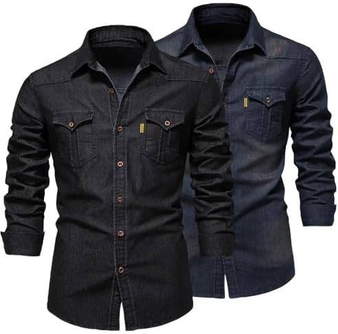 Button-Down Shirts | Mens  Cotton Denim Shirts Casual Long Sleeve Shirt Solid Color Slim Fit Elastic Jean Shirts Button-Down Shirts Button-Down Shirts