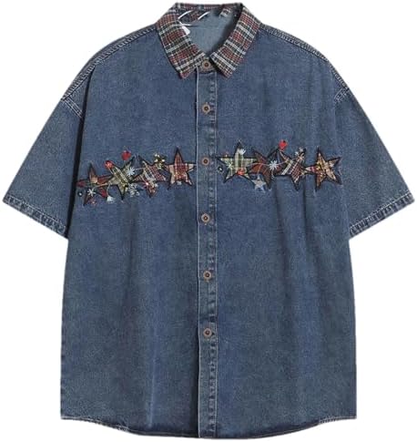 Button-Down Shirts | Mens  Embroidery Vintage Denim Shirts Harajuku Hip Hop Oversized Shirts Loose Buttons Up Blouse Button-Down Shirts Button-Down Shirts