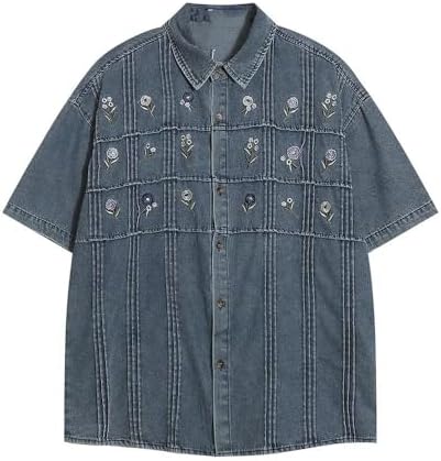 Button-Down Shirts | Mens  Flower Embroidery Denim Short Sleeve Shirts Retro Casual Distressed Lapel Half-Sleeve Shirts Button-Down Shirts Button-Down Shirts