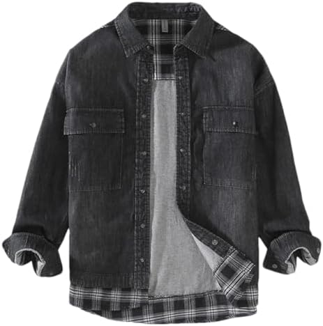 Button-Down Shirts | Mens  Jean Shirt Causal Street Long Sleeve Denim Shirts Plaid Patchwork Fake Two-Piece Shirt Button-Down Shirts Button-Down Shirts