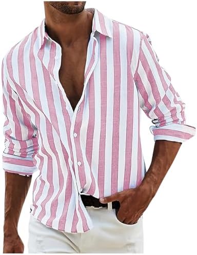 Button-Down Shirts | Mens  Linen Striped Button Down Shirts Casual Beach Long Sleeve Collar Top Shirts Summer Fall 224 Fashion Shirt Button-Down Shirts Button-Down Shirts