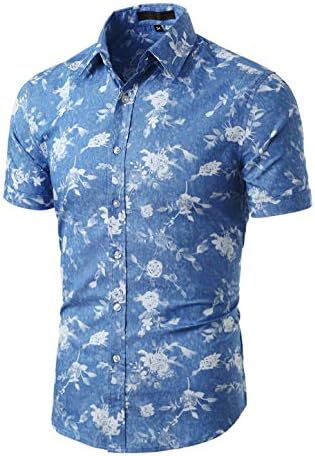 Button-Down Shirts | Mens  Shirt Casual Slim Fit Short Sleeve Button Down Printed Shirts Denim Blue Floral Prints Button-Down Shirts Button-Down Shirts