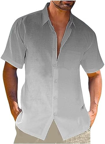 Button-Down Shirts | Mens  Summer Linen Short Sleeve Shirts Trendy Gradient Color Button Down Tops Beach Vacation Hawaiian Lapel Shirts Button-Down Shirts Button-Down Shirts