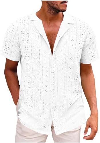 Button-Down Shirts | Mens  Summer Short Sleeve Lapel Shirts Loose Fit Eyelet Embroidery Tops Lightweight Solid Buttons Cuban Shirt Clothes Button-Down Shirts Button-Down Shirts