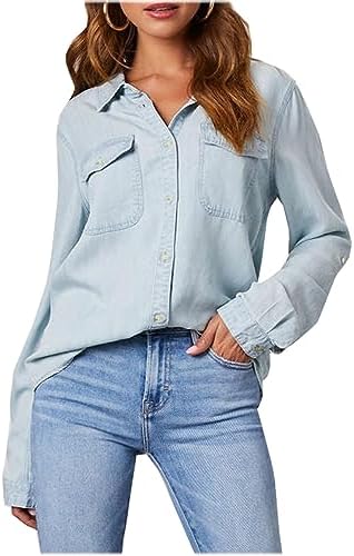 Tops, Tees & Blouses | Womens  224 Button Down Denim Shirts Long Sleeve Denim Jean Shirt V Neck Chambray Blouse Business Casual Tees Tops Clothing Tops, Tees & Blouses