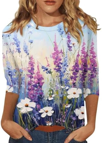 Tops, Tees & Blouses | Womens  3/4 Length Sleeves Tops’s Fashion Beautiful Printed Round Neck Top Plus Size Casual 3/4 Sleeve T-Shirt Clothing Tops, Tees & Blouses