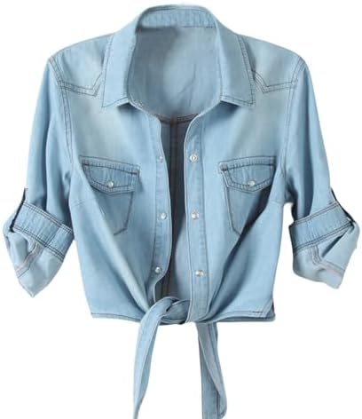 Tops, Tees & Blouses | Womens  3/4 Sleeve Denim Tops Crop Tie Front Knot Jean Shirts Button Down Chambray Cardigans 224 Trendy Outfits Clothing Tops, Tees & Blouses