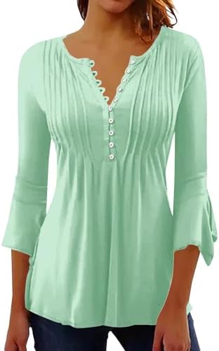 Tops, Tees & Blouses | Womens  3/4 Sleeve Tops For V Neck Dressy Casual Ruffle Sleeve Henley Shirts Loose Fit Button Up Tunic Tops Blouses Clothing Tops, Tees & Blouses