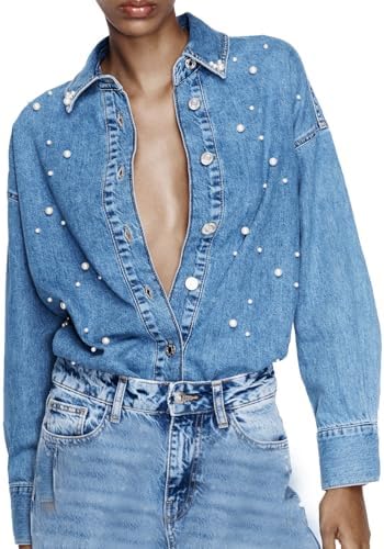 Tops, Tees & Blouses | Womens  Button Down Denim Shirt Pearl Beading Collared Casual Long Sleeve V Neck Jean Tops Clothing Tops, Tees & Blouses