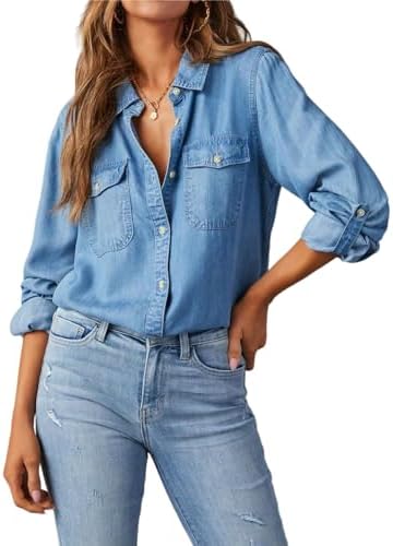 Tops, Tees & Blouses | Womens  Button Down V Neck Denim Shirt Casual Long Sleeve Boyfriend Solid Chambray Blouse Tops With Pocket Clothing Tops, Tees & Blouses