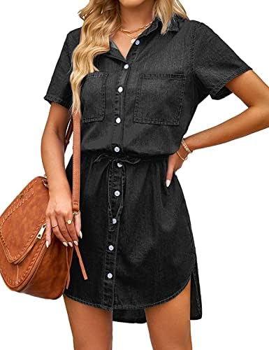 Tops, Tees & Blouses | Womens  Casual Denim Dress Short Sleeve Tie Waist Classic Jean Shirt Dress Clothing Tops, Tees & Blouses