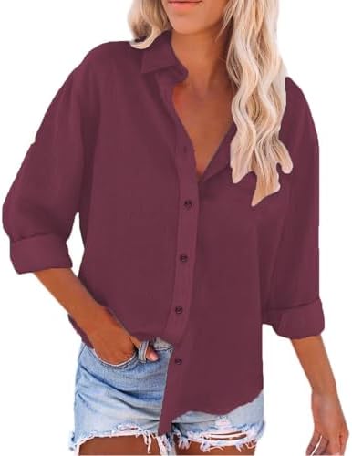 Tops, Tees & Blouses | Womens  Casual V Neck 3/4 Sleeve Button Down Shirts Linen’s Spring Summer Solid Color Shirt Long Sleeve Color 224 Clothing Tops, Tees & Blouses